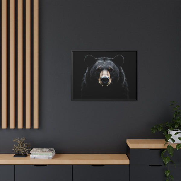 Framed canvas bear portrait with black frame, small centered bear face