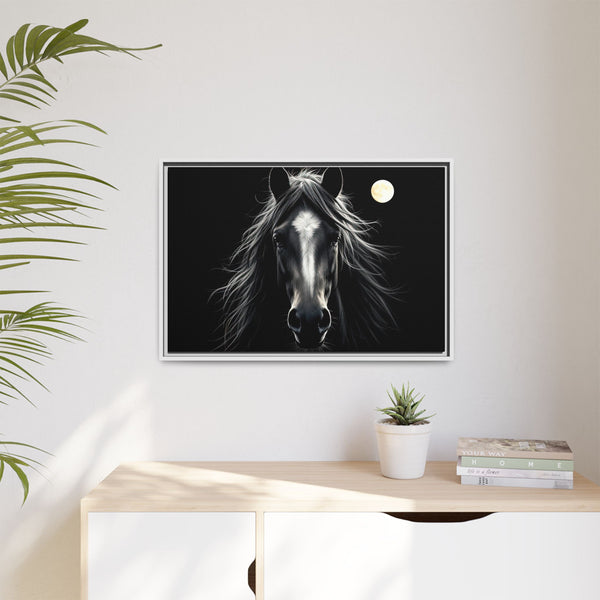 White-framed western canvas art showing a horse portrait and glowing moon
