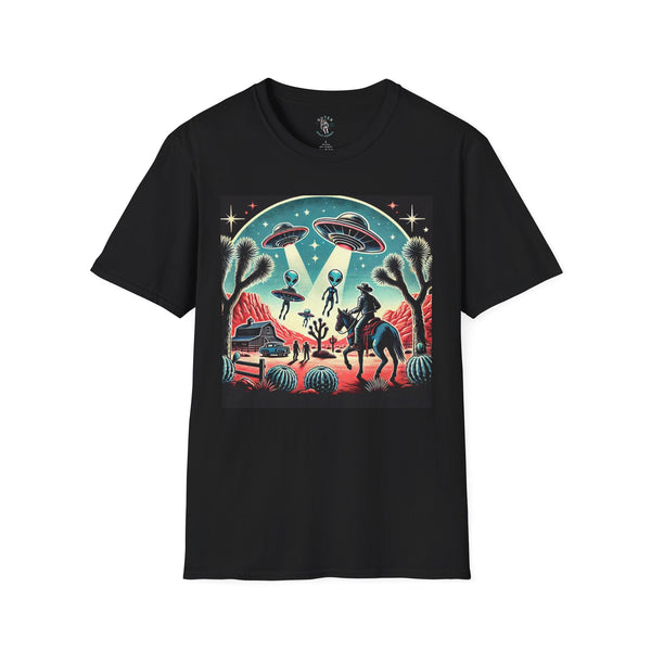 Black T-shirt with western sci-fi graphic featuring cowboys, aliens, and fireworks