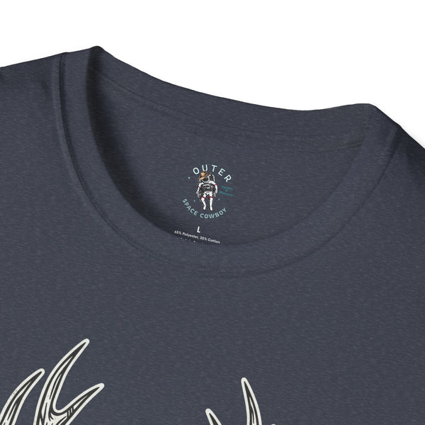 Heather navy T-shirt neck label reading OUTER SPACE COWBOY