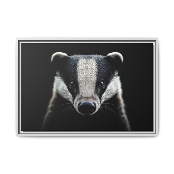 Framed canvas wall art featuring a badger face, silver frame.