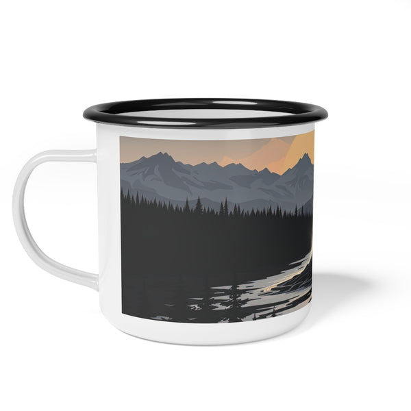 Enamel camp mug with dark mountain and lake print, black rim, white handle