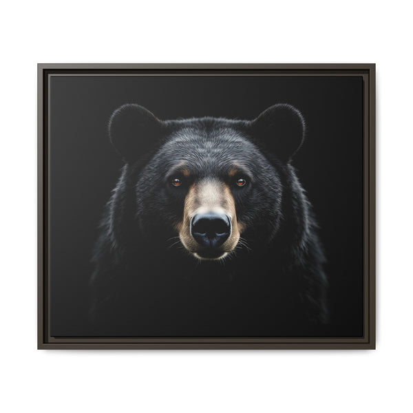 Framed bear canvas art with close-up bear face, dark frame, dark background