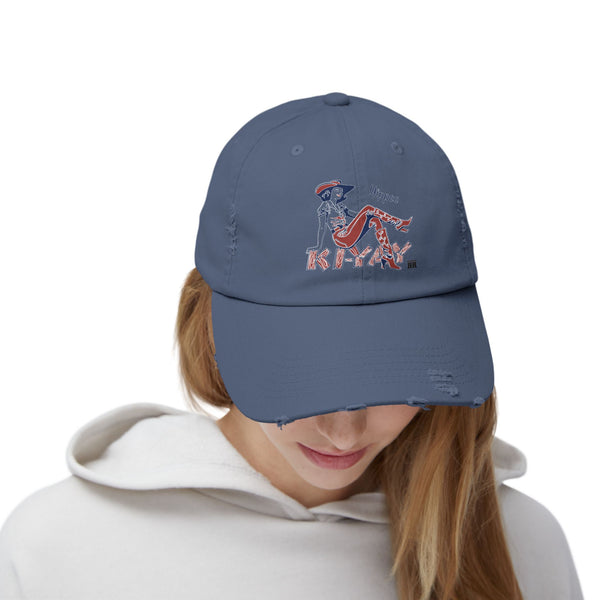Yippie Ki-Yay Western Wear Distressed Dad Hat in Scotland Blue, front design detail