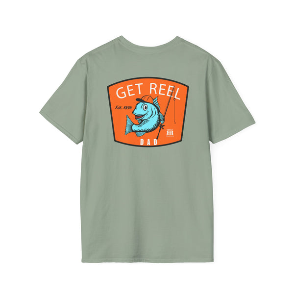 Sage green western graphic T-shirt with “GET REEL DAD” back print