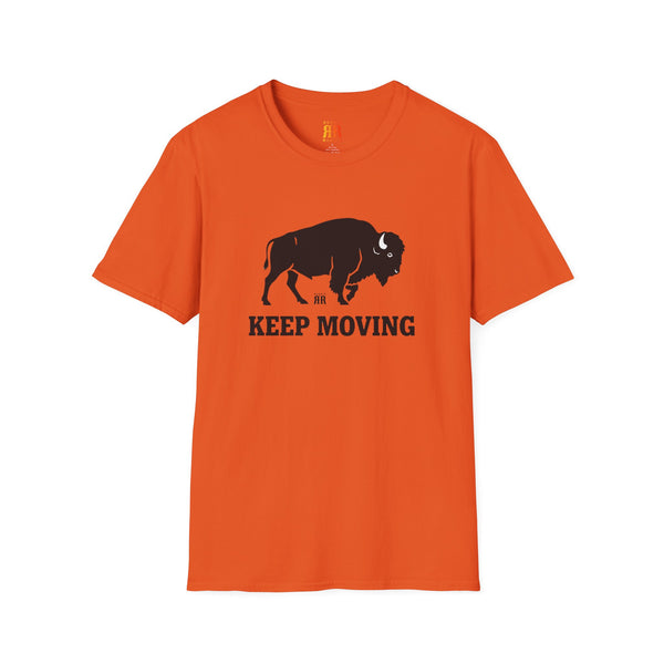 Orange crew-neck Western t-shirt with black bison and “KEEP MOVING” graphic