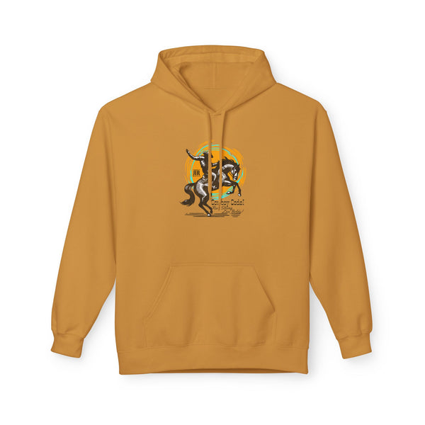 Tan pullover hoodie with front graphic, hood with drawstring, and kangaroo pocket