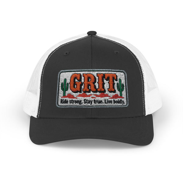 Black front with white mesh trucker hat and embroidered GRIT logo patch