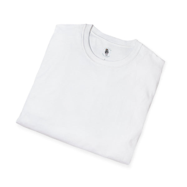 Women’s white T-shirt with small back emblem near the crew neckline