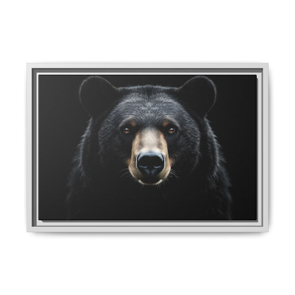 Framed bear canvas art with close-up bear face, light gray frame, dark background