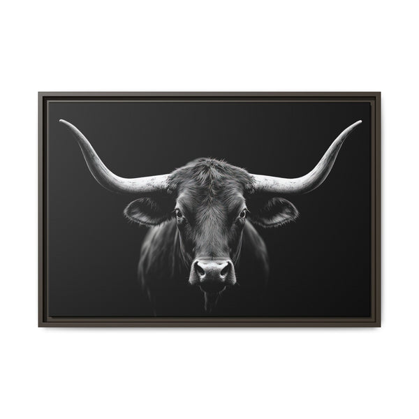 Framed western canvas art of a grayscale bull head with long horns, dark bronze frame