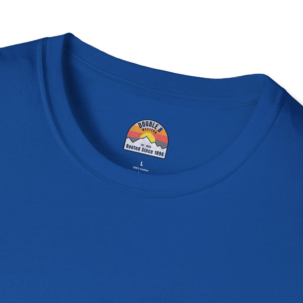 Royal blue T-shirt neckline and chest logo patch with Double R 1896