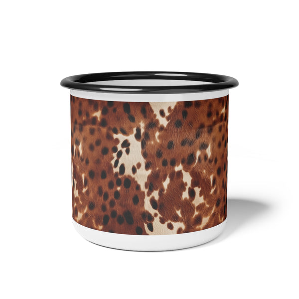 Enamel camp mug with black rim, brown cowhide pattern and white base