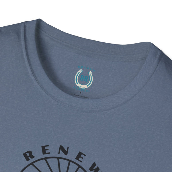Heather indigo crew neck T-shirt neckline with small blue logo patch