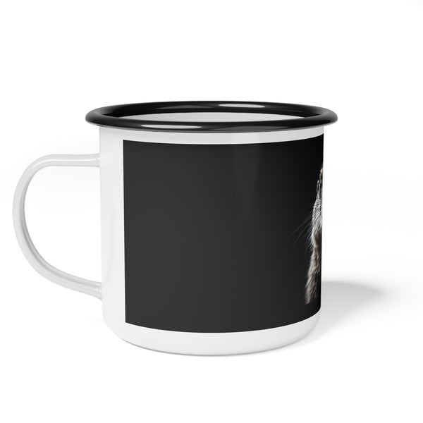 Black enamel camp mug with black lid and white handle; side shows partial prairie dog