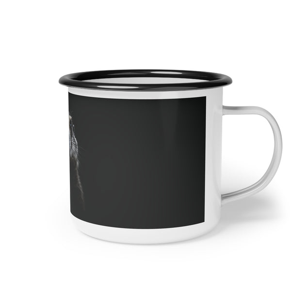 Black enamel camp mug with white handle and base; partial prairie dog graphic on side