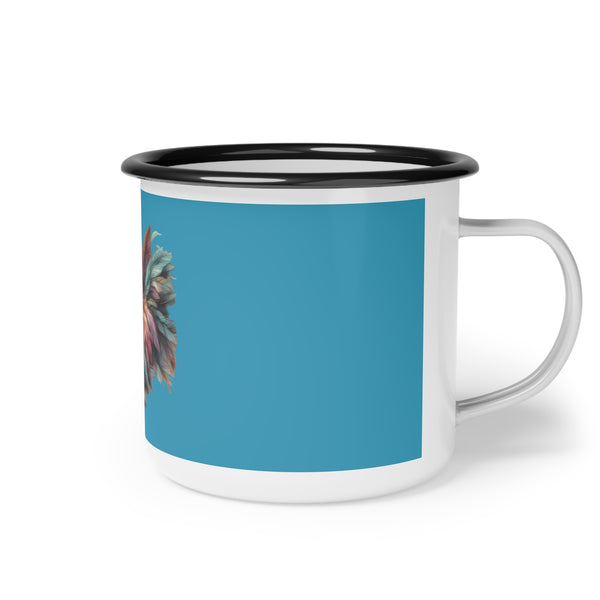 Enamel camp mug with black rim, blue exterior, visible feathered chicken artwork
