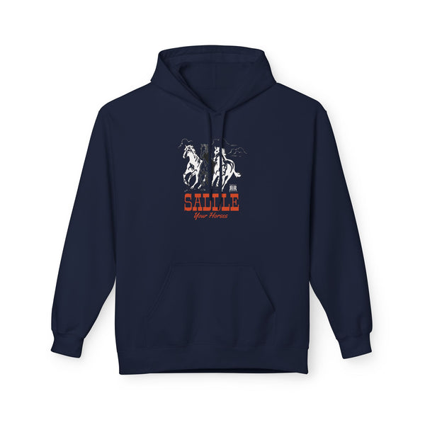Navy western wear hoodie with horse graphic logo on the chest and front kangaroo pocket