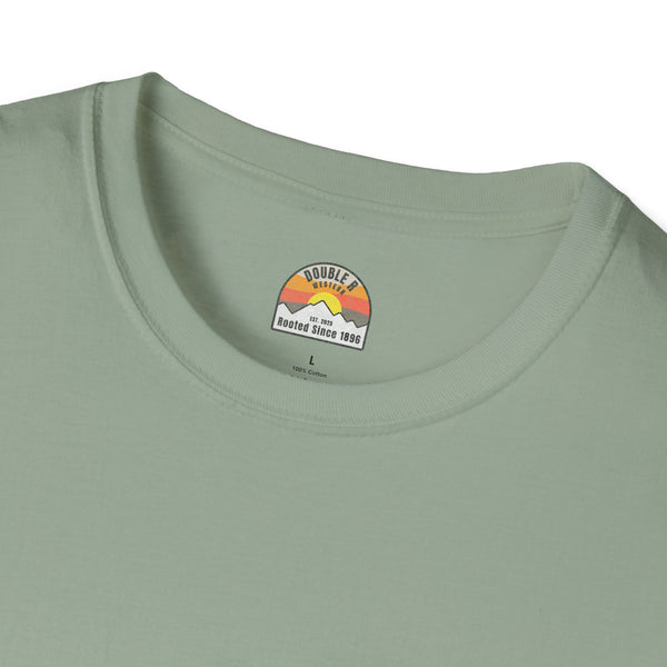 Sage green T-shirt neckline and chest logo patch with double-ranch mark
