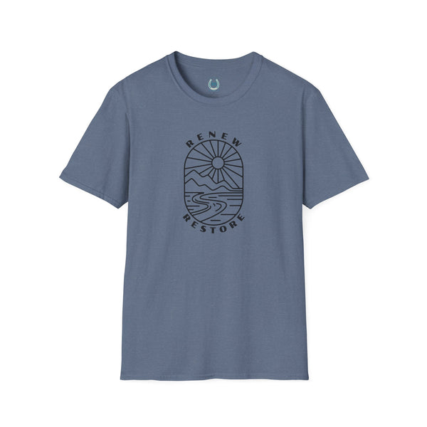 Heather blue crew neck T-shirt with circular western graphic print on the chest