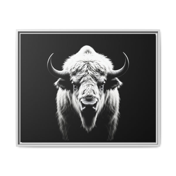 Framed bison portrait wall art with white-and-black fur, silver frame