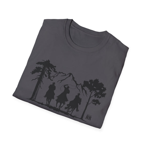 Charcoal crew neck T-shirt with black ranch silhouette graphic on front