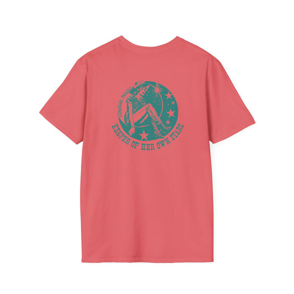 Women’s coral/red T-shirt with large teal circular back graphic