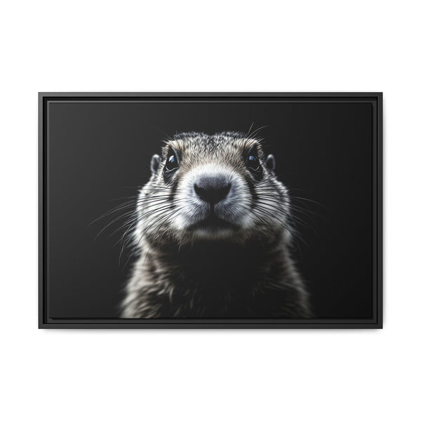 Framed canvas wall art with prairie dog face, black frame, dark background.