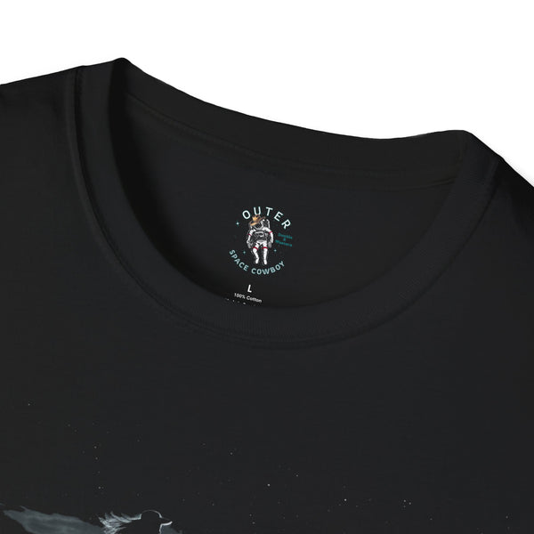 Black crewneck T-shirt with small chest logo and cotton label