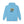 Blue pullover hoodie with front graphic, hood with drawstring, and kangaroo pocket