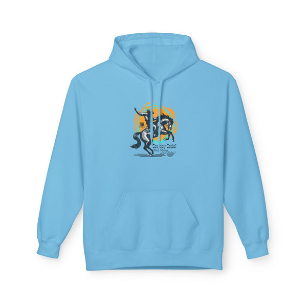 Blue pullover hoodie with front graphic, hood with drawstring, and kangaroo pocket