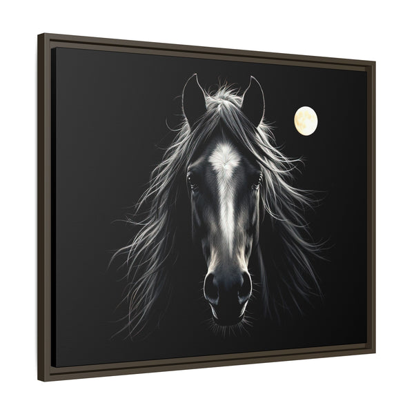 Espresso-framed western canvas art with a black-and-white horse and glowing moon