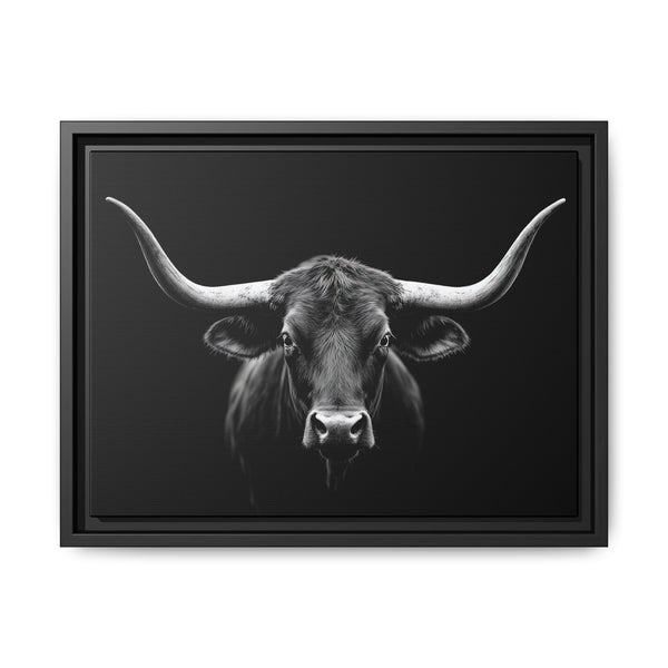 Framed western canvas art featuring a monochrome bucking bull head, black frame
