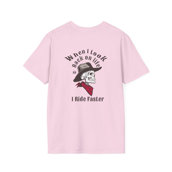 Pink graphic T-shirt with skull cowboy hat and “Ride Faster” text on front