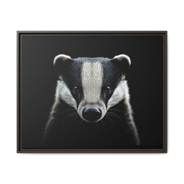 Framed badger canvas wall art with black and white portrait, dark frame