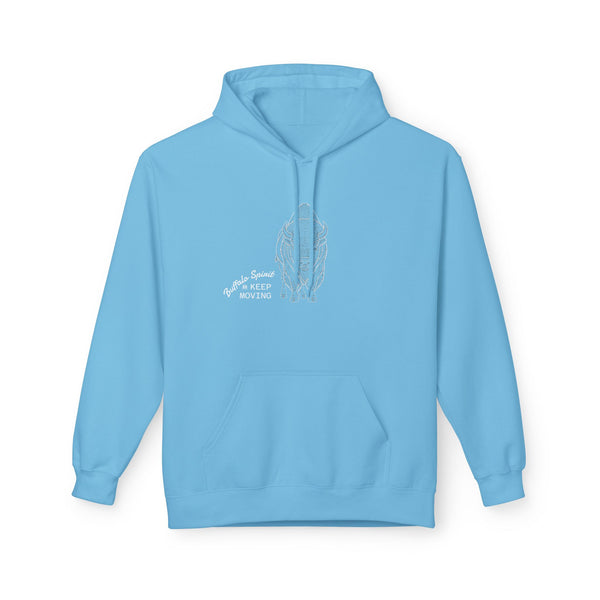 Sky blue hoodie with front chest graphic and “Keep Moving” text, pullover hood