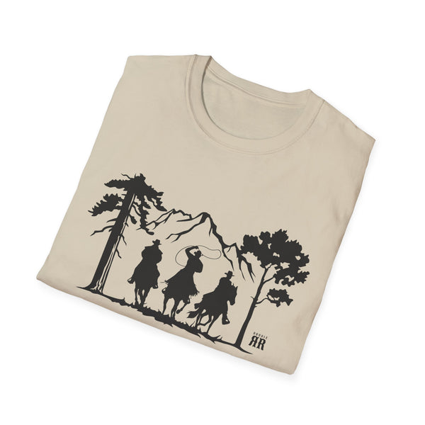 Sand beige crew neck t-shirt with black western-style cowboy graphic print