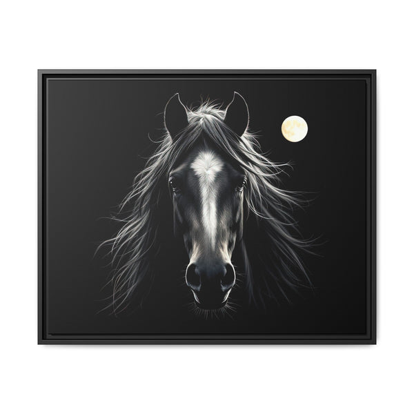 Framed canvas art of a black-and-white horse head with moon, dark frame