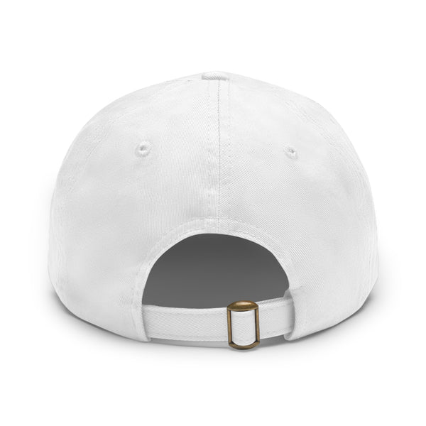 White dad hat with adjustable back strap and metal buckle
