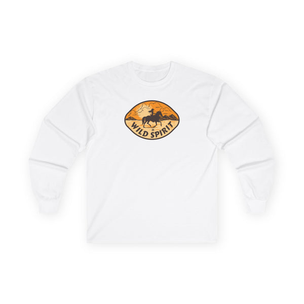 White women's jersey long sleeve tee with Wild Spirit graphic on back