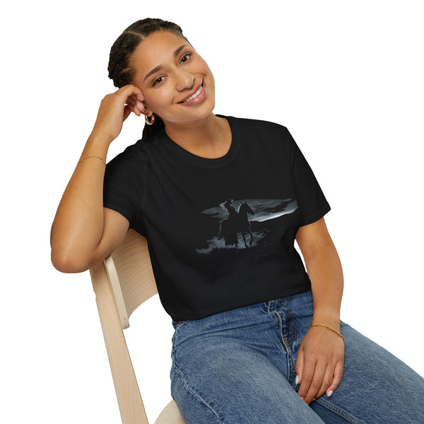 Black western graphic T-shirt on model with blue jeans