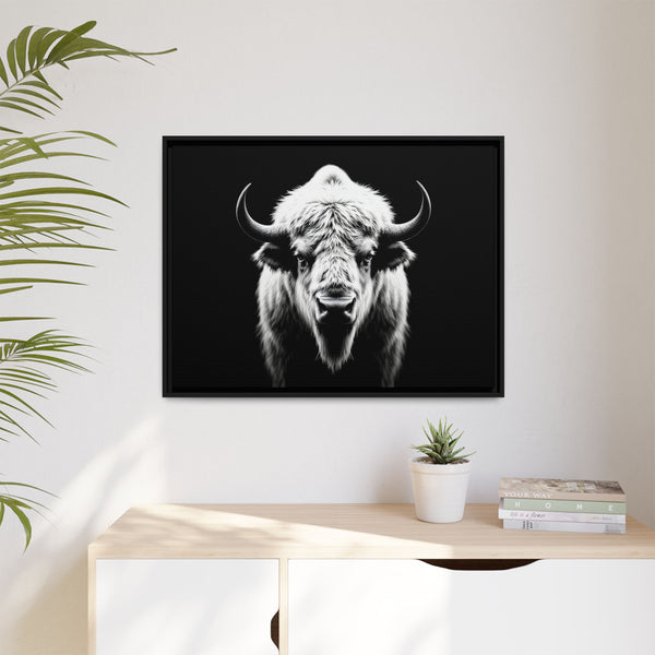 Small framed bison head wall art with white-and-black portrait on dark background