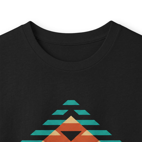 Black long sleeve western tee close-up of crew neck and multicolor geometric chest graphic