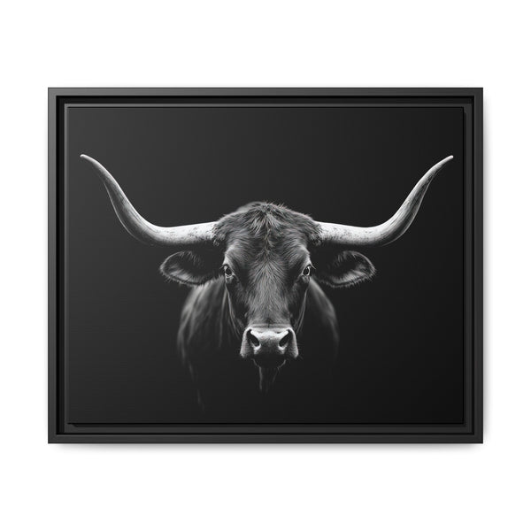 Framed western canvas art with monochrome bull face, dark frame and inset canvas