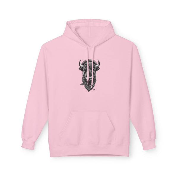 Light pink pullover hoodie with front bison graphic, kangaroo pocket, and drawstring hood