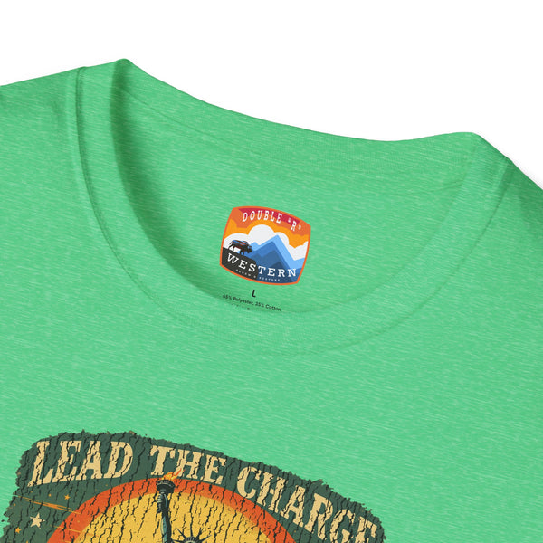 Green crew-neck T-shirt with Western logo patch at collar and partial graphic.