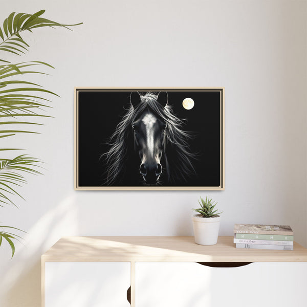 Small framed western canvas art featuring a black-and-white horse head and moon