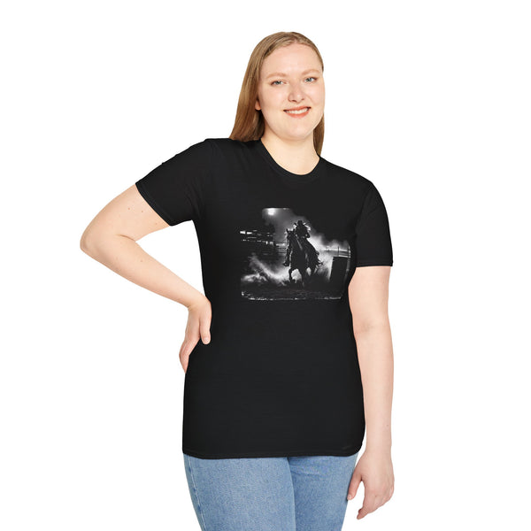 Black barrel racing graphic tee on model, cowboy-on-horse print on the chest.