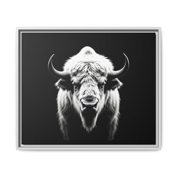 Framed bison portrait wall art with white-and-black fur, silver frame