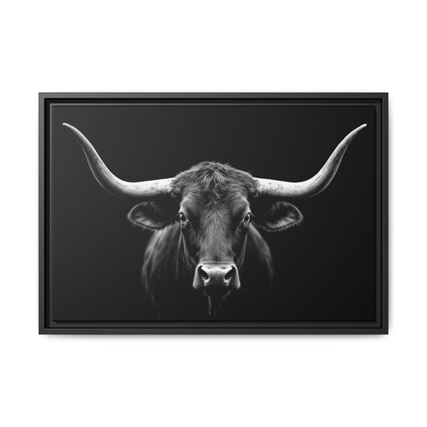 Framed western canvas art featuring a monochrome bucking bull head on black, black frame